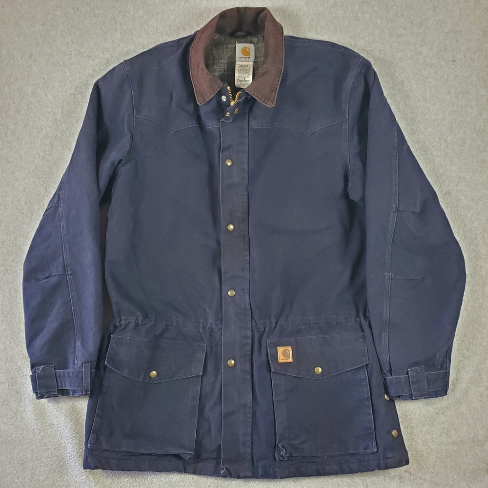 Vintage Carhartt C52 MDT Duck Ranch Chore Coat Navy Blue Plaid Lined XL Tall